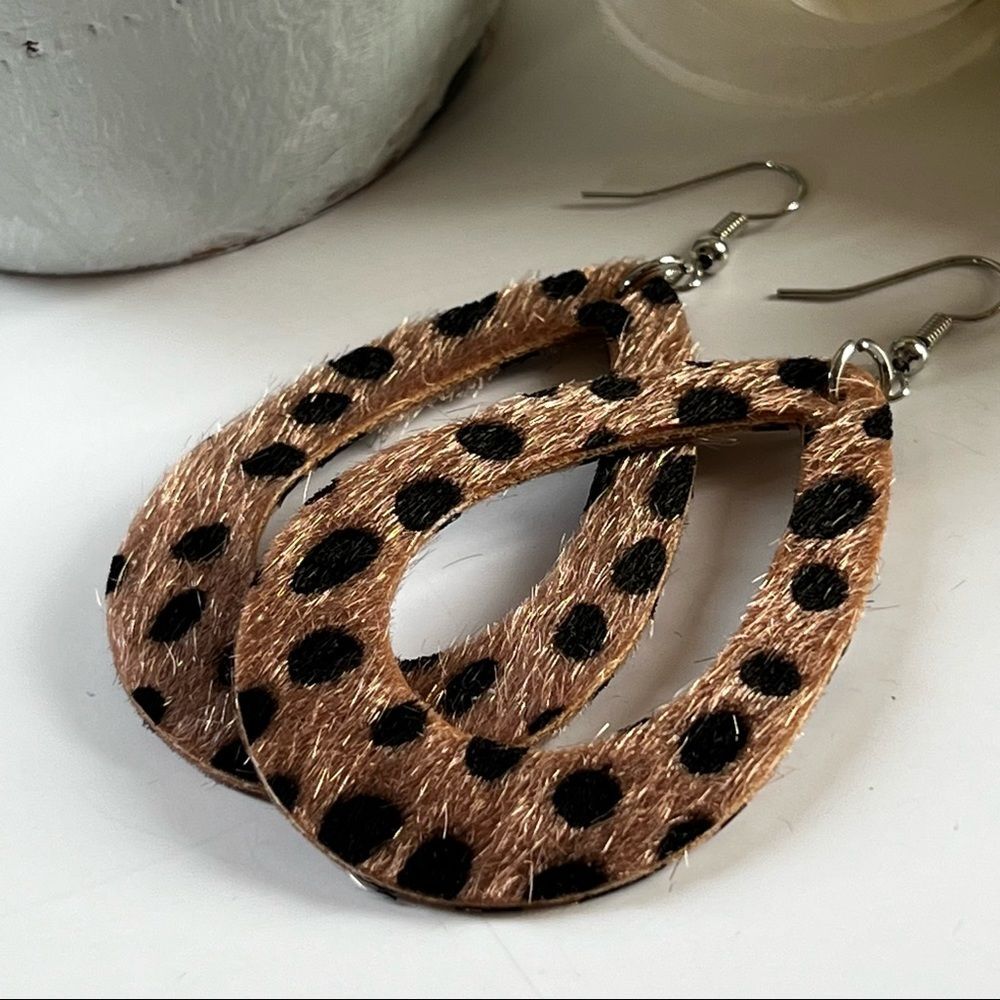 Boho Faux Leather Animal Print Teardrop Black Mocha Tan Lightweight Earrings